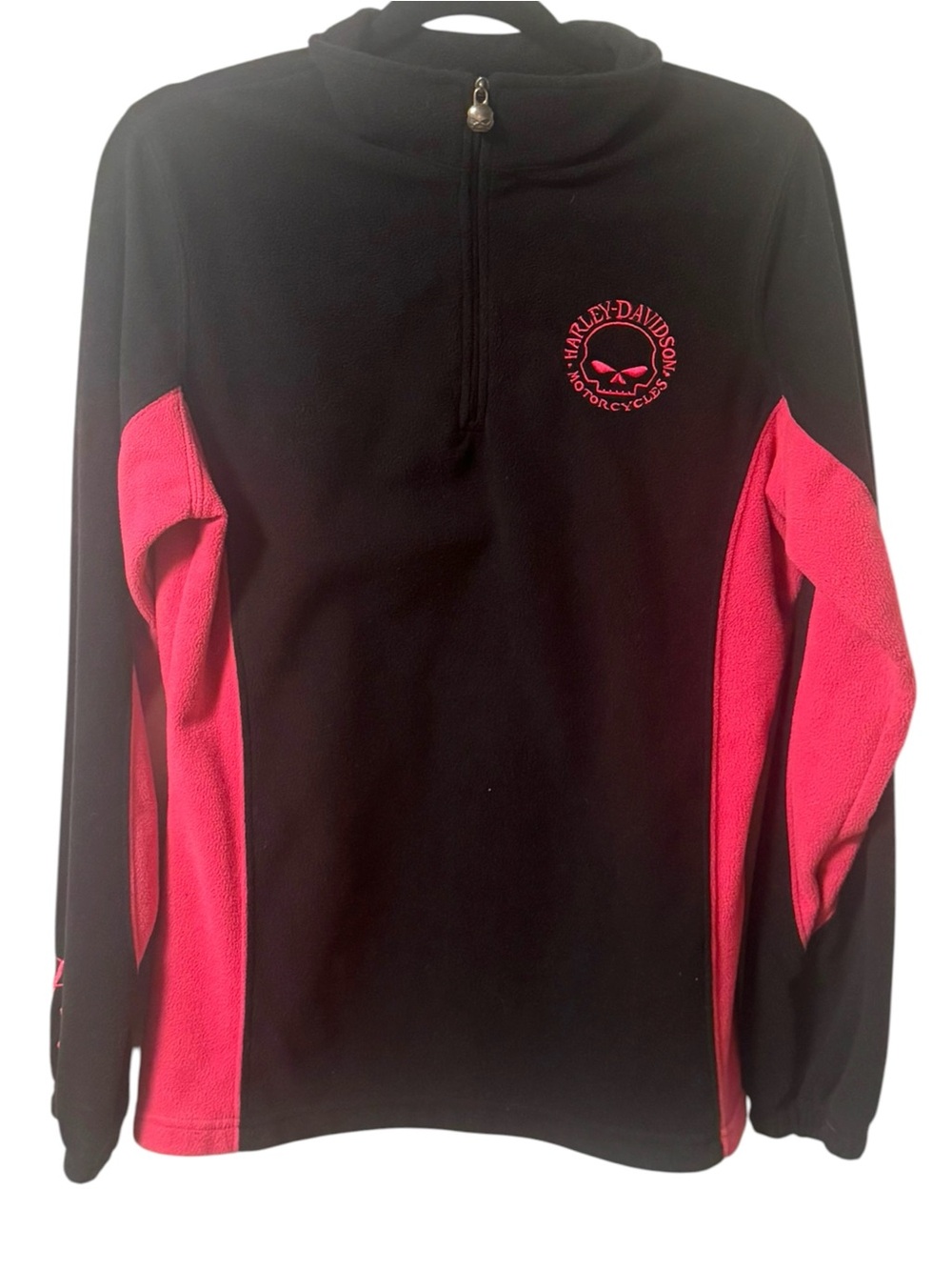 Harley Davidson Quarter Zip Fleece Pullover Women’s Medium Black Hot Pink Skull